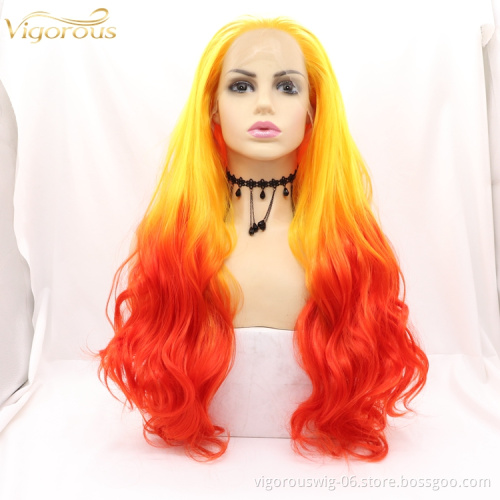 Vigorous Light Red Ombre Yellow Roots Lace Front Wigs with baby hair Pre Plucked for Women Long Body Wave Straight Wig